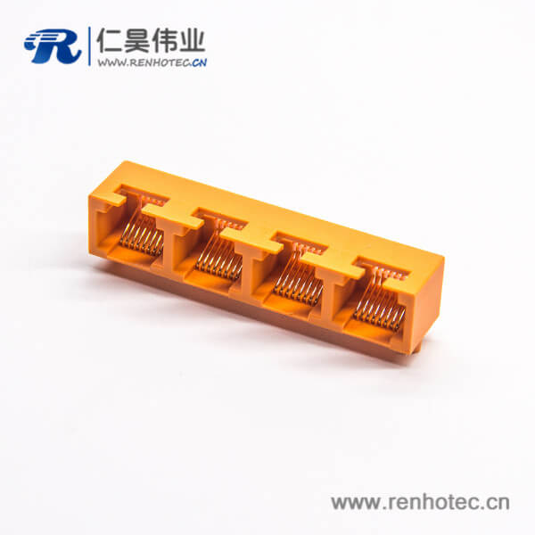 rj45模块90度母头连接器橙色单排4端口8p8c弯插PCB板不带屏蔽