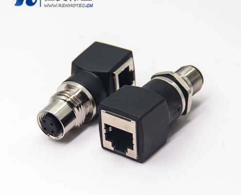 m12插座转rj45连接器m12A型母头转RJ45弯式插座