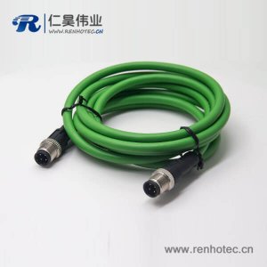 M12 d型4芯针型公头双边线不带屏蔽直式3M延长电缆AWG22