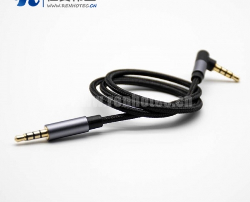 镀金耳机插头4极公转公直对弯黑色音频线0.5米-3米