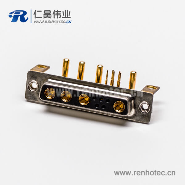 6 D SUB大电流连接器9W4弯式焊板带支架铆锁母座接PCB