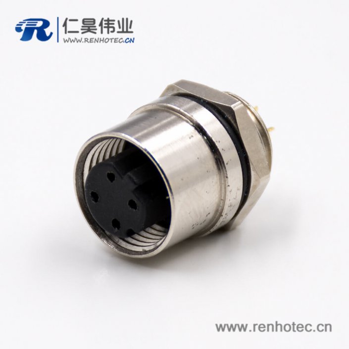 D型锁扣M12母头4芯后锁板板端插座接线直式焊接式连接器 D型锁扣M12母头4芯后锁板板端插座接线直式焊接式连接器