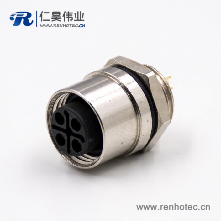 M12连接器4芯S扣母头直式后锁板接线焊接式板端插座连接器 M12连接器4芯S扣母头直式后锁板接线焊接式板端插座连接器