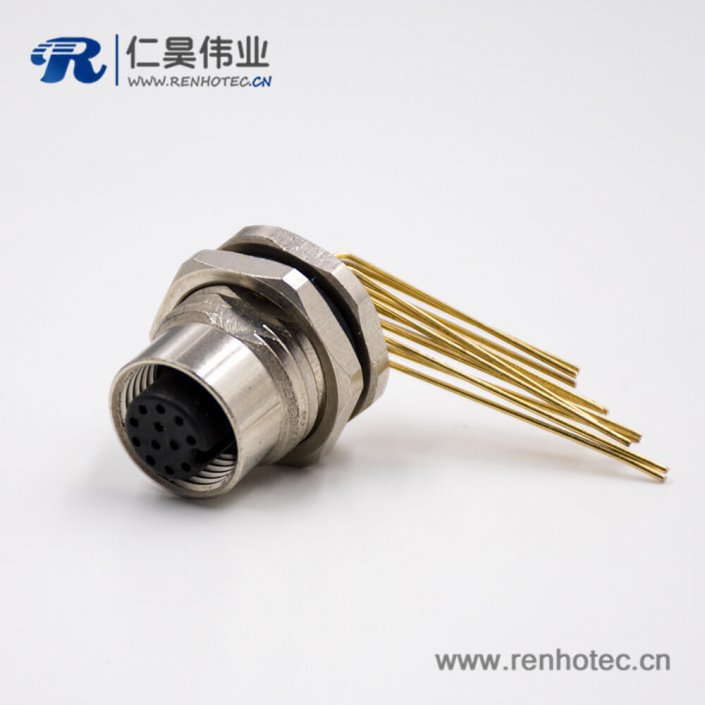 插座母头M12板端插座A扣弯式12芯插孔前锁板连接器 插座母头M12板端插座A扣弯式12芯插孔前锁板连接器