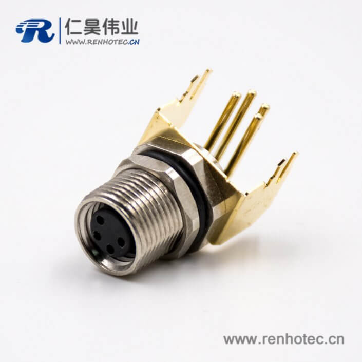 M8连接器母头4芯板端插座弯式前锁板接PCB板传感器 M8连接器母头4芯板端插座弯式前锁板接PCB板传感器