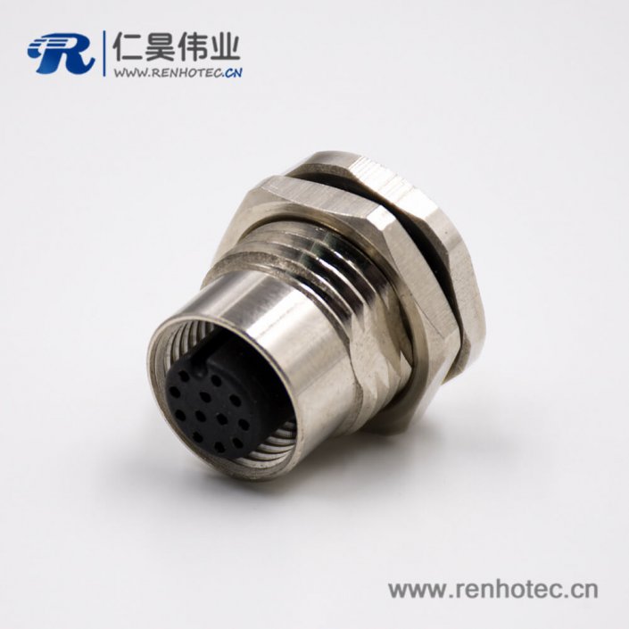 M12连接器母头A扣直式12芯板端插座前锁板接线焊接式传感器 M12连接器母头A扣直式12芯板端插座前锁板接线焊接式传感器