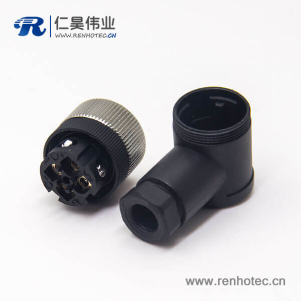 m12组装式90°母弯头4针防水插头接线母头工业连接器