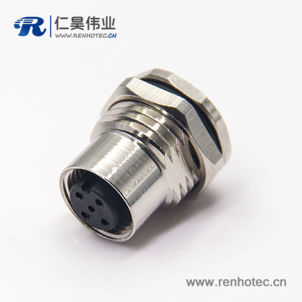 m12连接器5针板端穿墙焊线式直式防水插座母头 m12连接器5针板端穿墙焊线式直式防水插座母头
