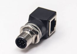 m12连接器转rj45弯式转接头8芯前锁板转RJ45网络接口m12公头