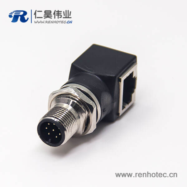 m12连接器转rj45弯式转接头8芯前锁板转RJ45网络接口m12公头