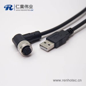 m12母头弯式17芯工业防水直式公头不带屏蔽A编码插头转USB2.01M AWG26