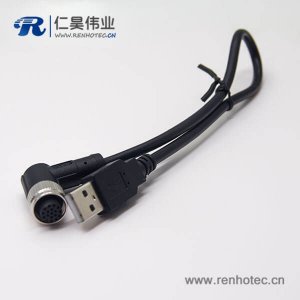 m12母头弯式17芯工业防水直式公头不带屏蔽A编码插头转USB2.01M AWG26