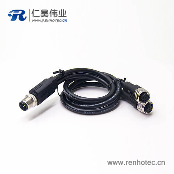 m12航空电缆插头A编码5芯一公转两母成型式注塑线50CM AWG22不带屏蔽 m12航空电缆插头A编码5芯一公转两母成型式注塑线50CM AWG22不带屏蔽