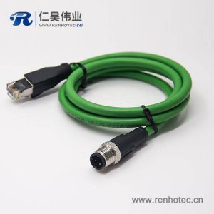 M12接头d型接头不带屏蔽4芯公头转RJ45水晶插头连线3米AWG22