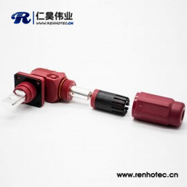 新能源电源红色塑料防水IP67储能连接器单芯14mm公母插座插头直弯对接400A铜牌连接