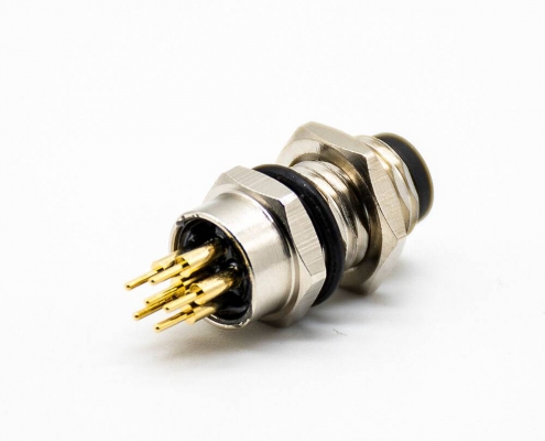 M8板端插座A编码6芯公直式PCB安装前锁板M8*1.0