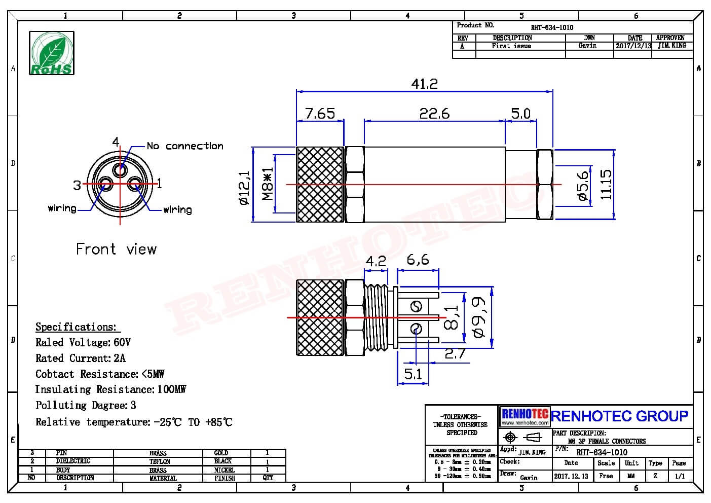 M8现场组装插头3芯母直式不带屏蔽塑料外壳M8*1.0定制