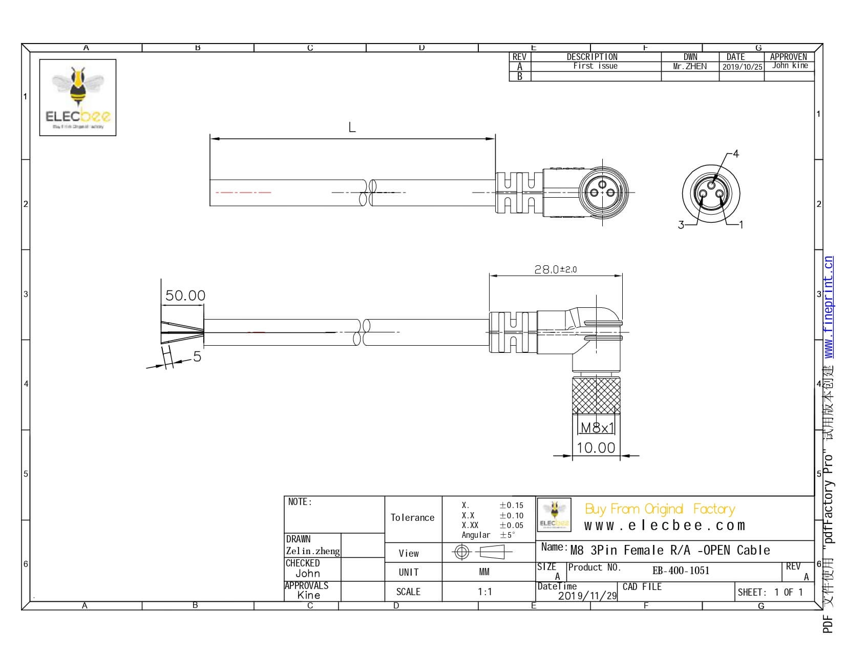 SVL M8连接器注塑成型90度弯角3芯母插头接1米PUR 24AWG屏蔽线