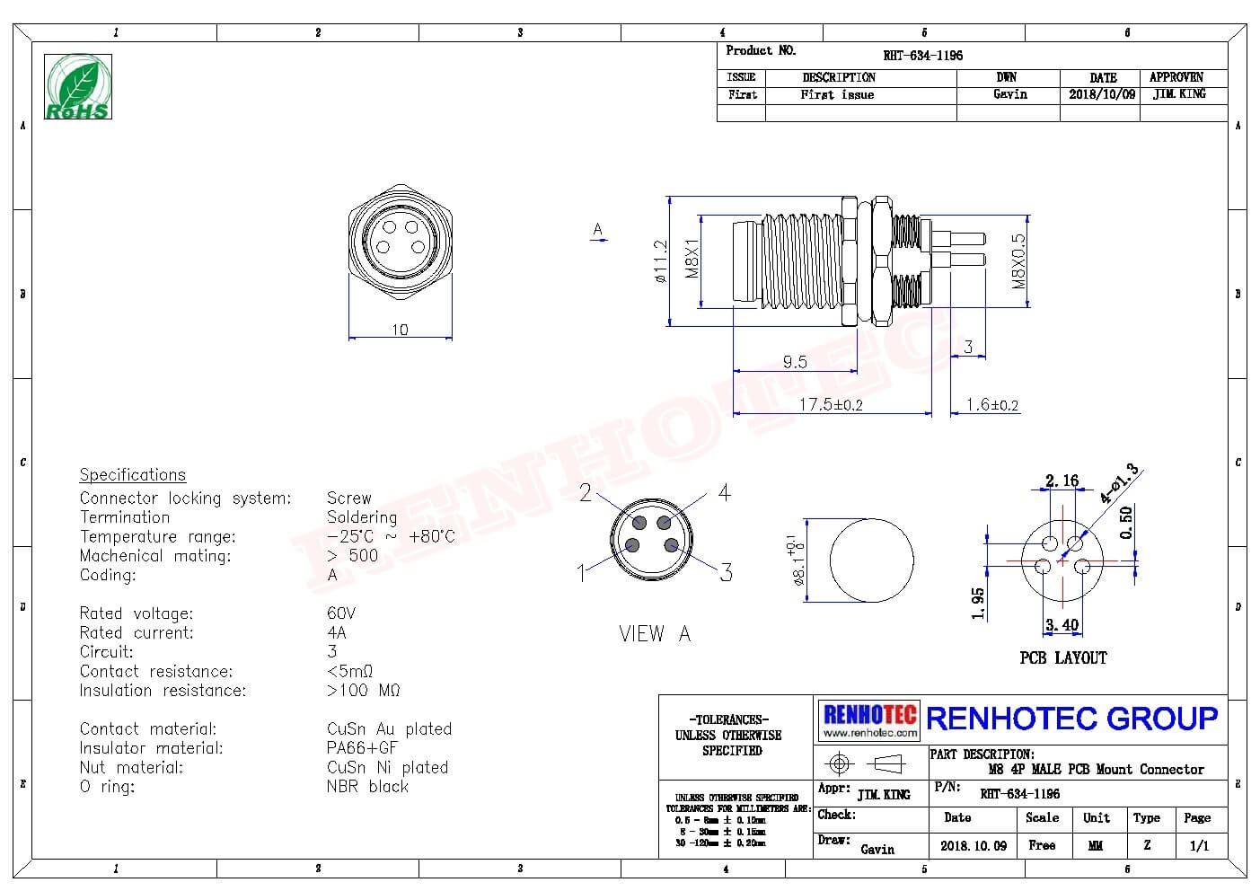 M8 PCB连接器直式板端前锁螺纹连接器A型4芯公座防水工业自动化连接器