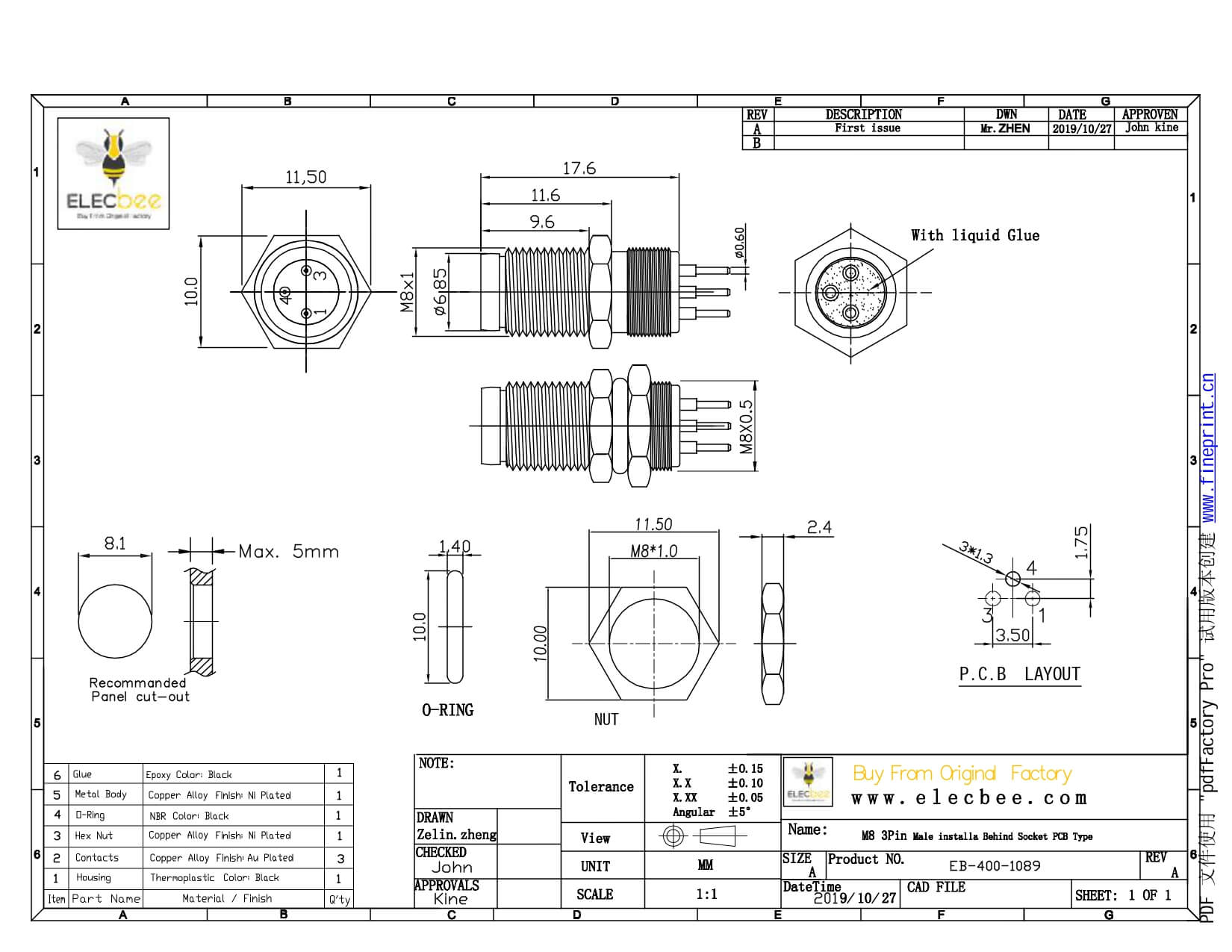 M8板端连接器A型PCB插板后锁3芯公插座连接器定制