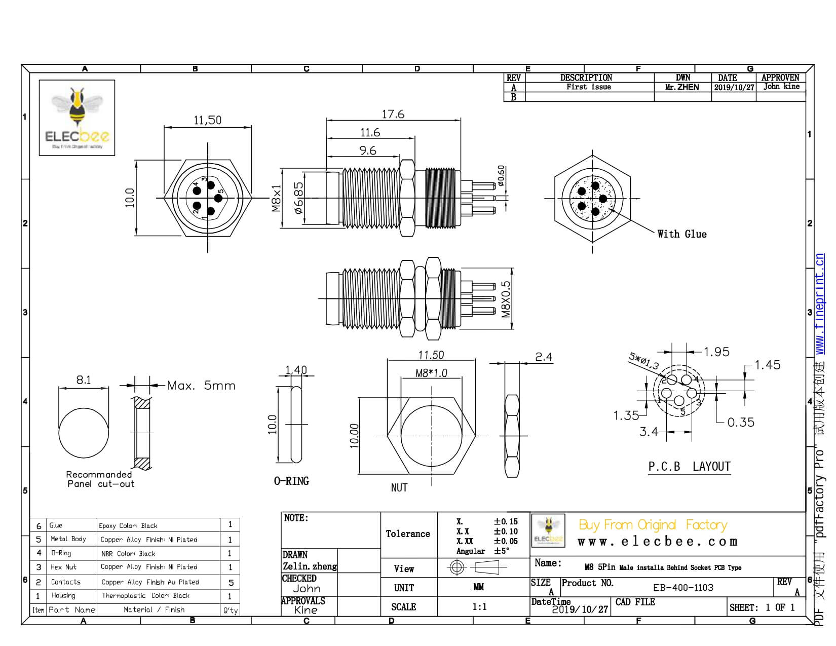 M8 B型焊板插座防水PCB板端后锁公插座5芯工业连接器厂家