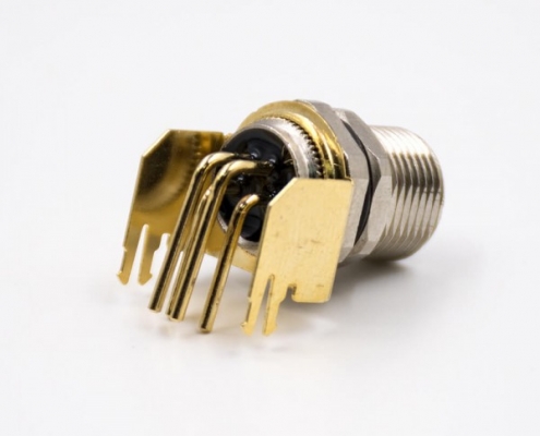 M8连接器母头4芯板端插座弯式接PCB板前锁板传感器