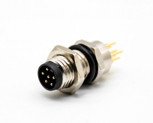 M8板端插座A编码6芯公直式PCB安装前锁板M8*1.0