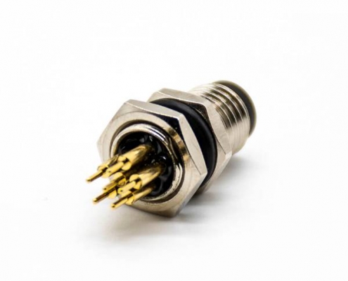 M8板端插座A编码6芯公直式PCB安装后锁板M8*1.0