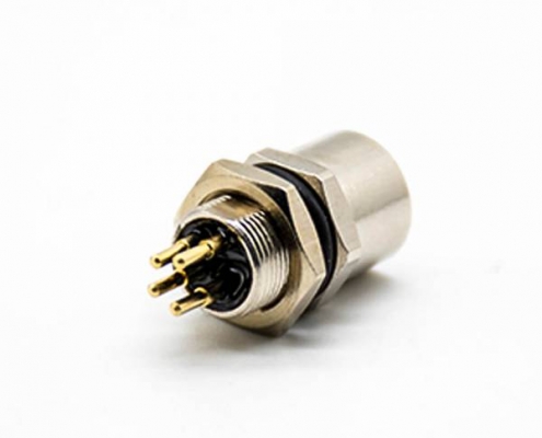 M8板端插座A编码6芯母直式PCB安装后锁板M8*1.0