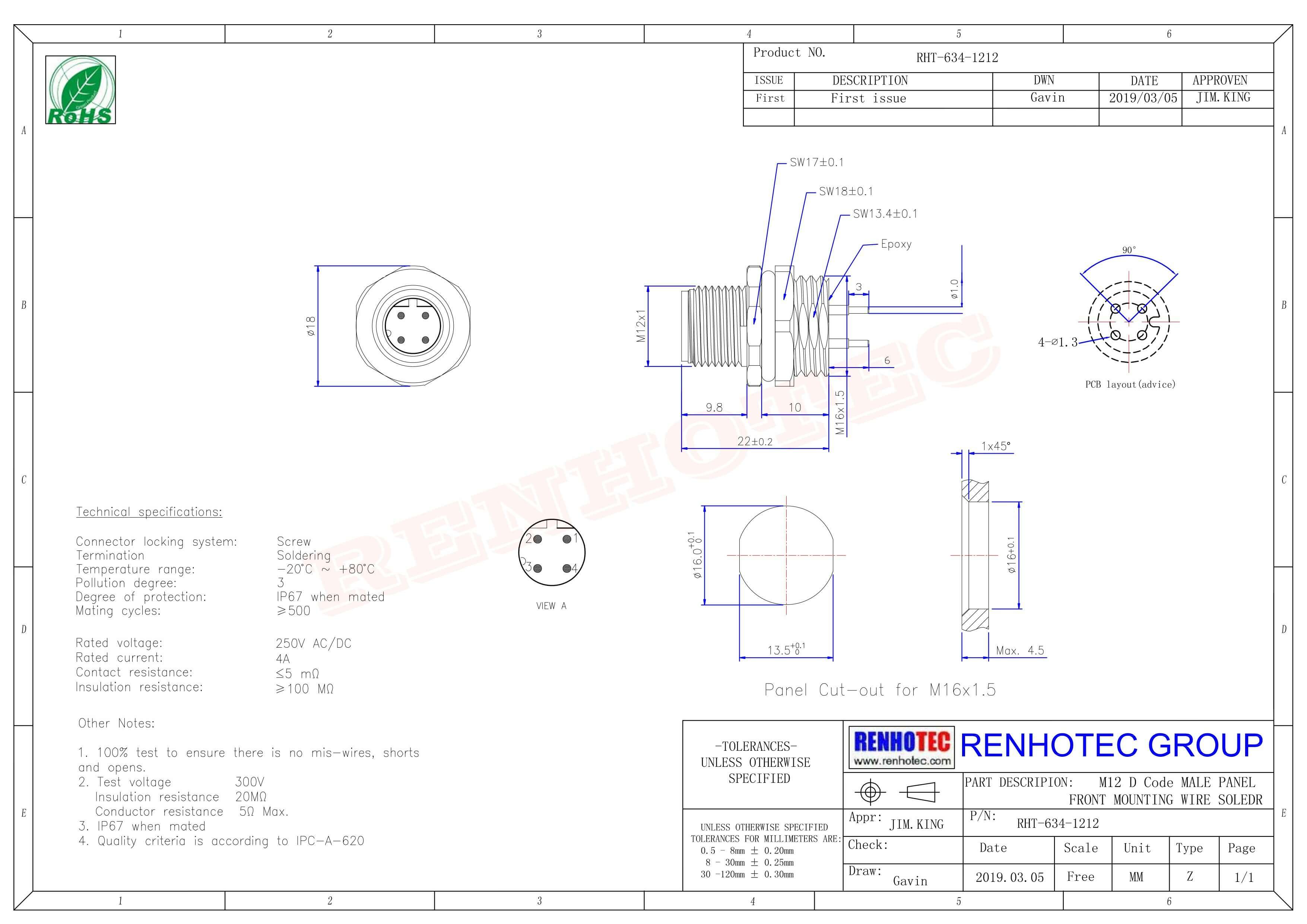 M12连接器4芯板端D型公座PCB插板式后锁工业防水传感连接器