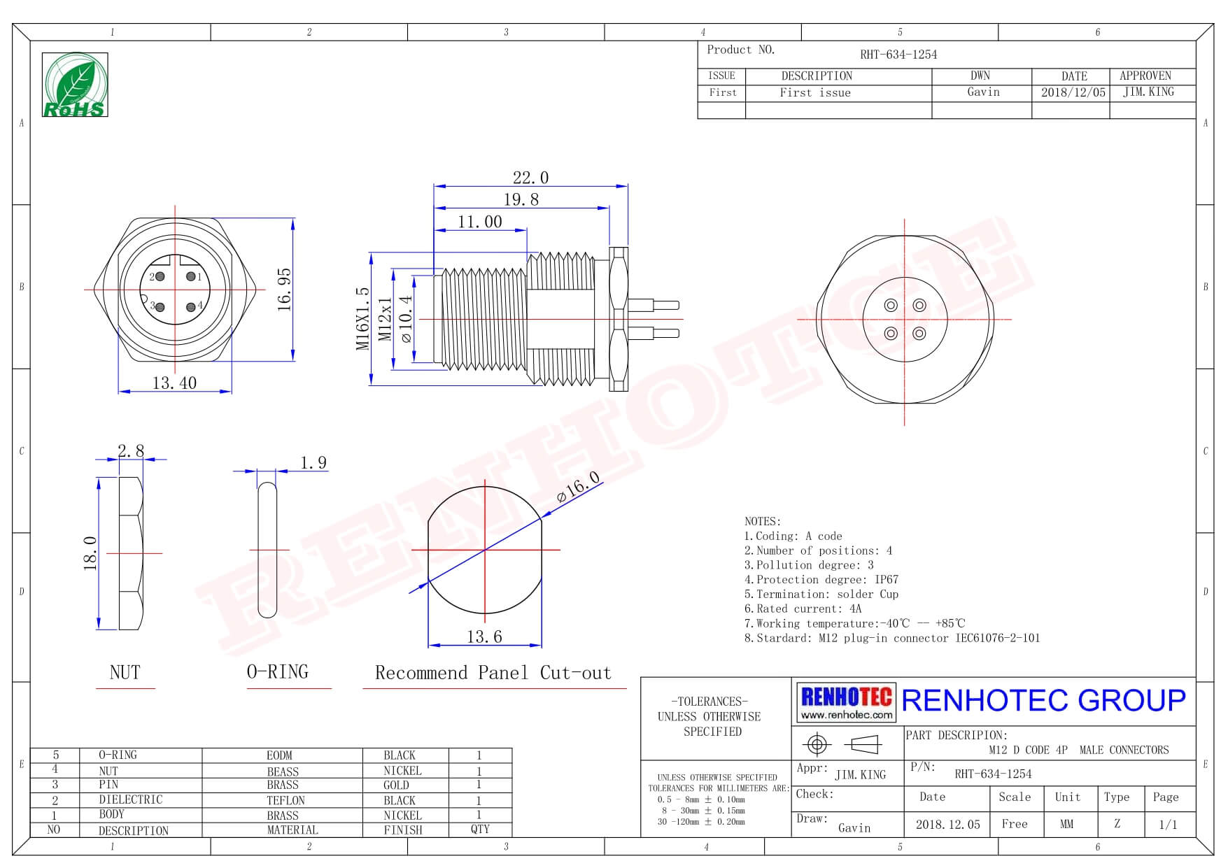 M12连接器PCB插板4芯 D型板端公座前锁工业防水传感连接器