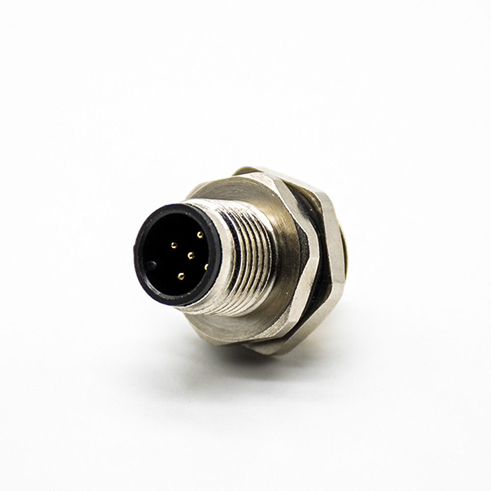 传感器公头插座A扣180°PCB板安装后锁板5芯M12防水连接器
