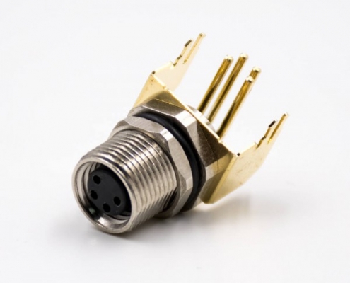 M8连接器母头4芯板端插座弯式接PCB板前锁板传感器