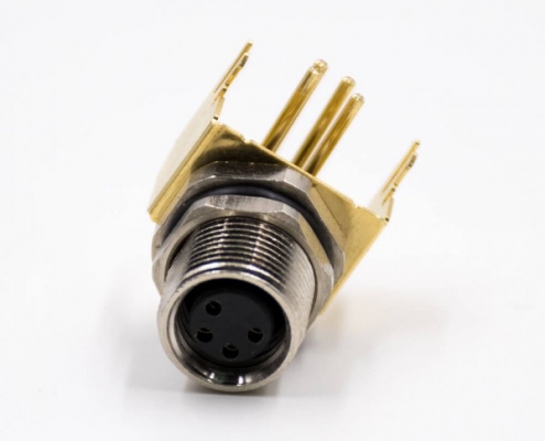 M8连接器母头4芯板端插座弯式接PCB板前锁板传感器