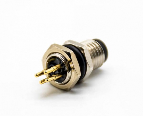 M8板端插座4芯公直式PCB安装后锁板M8*1.0