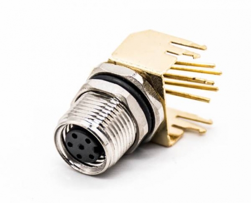 M8板端插座A编码6芯母弯式PCB安装前锁板M8*1.0