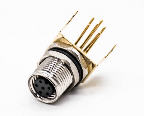 M8板端插座A编码6芯母弯式PCB安装前锁板M8*1.0