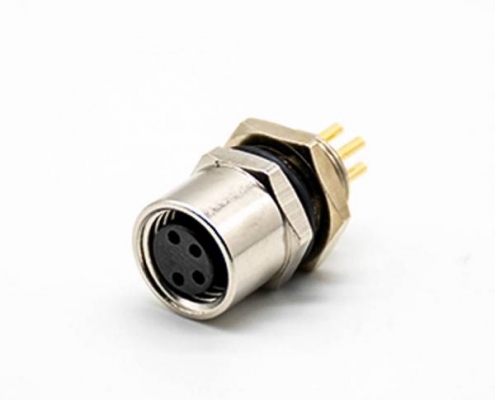 M8板端插座A编码6芯母直式PCB安装后锁板M8*1.0