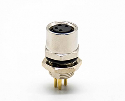 M8板端插座A编码6芯母直式PCB安装后锁板M8*1.0
