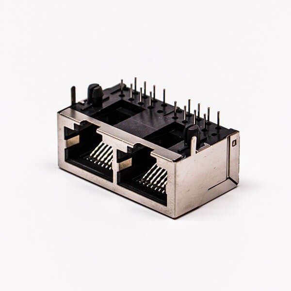 rj45双口母座铜壳8p弯角屏蔽不带灯网线插口接PCB