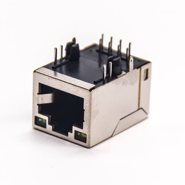 rj45插座带灯弯式插PCB板带定位柱屏蔽外壳