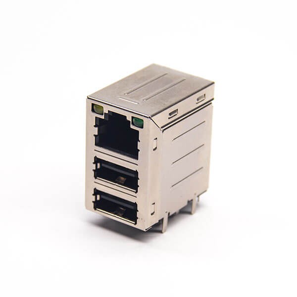 rj45加双层usb2.0弯式90度穿孔插PCB板带led灯带屏蔽式
