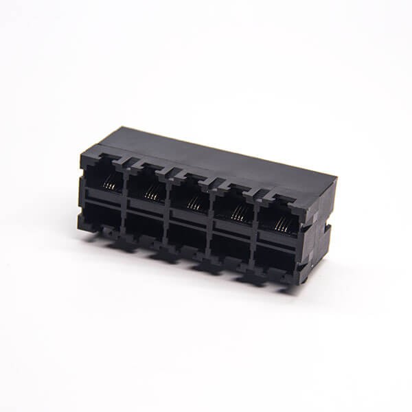 双层rj45插座全塑料弯式90度2x5端口黑色不带屏蔽