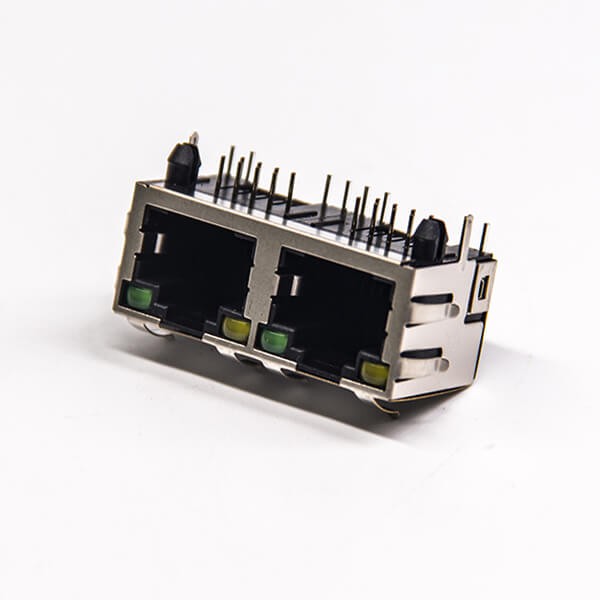 90度卧式rj45母座1x2端口带弹片模块连接器带屏蔽带灯插板