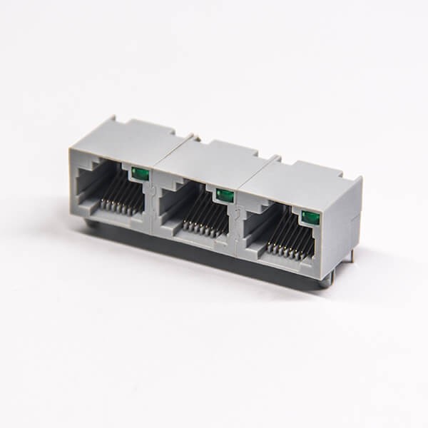 rj45带灯插座全塑灰色外壳1x3端口带绿色led灯