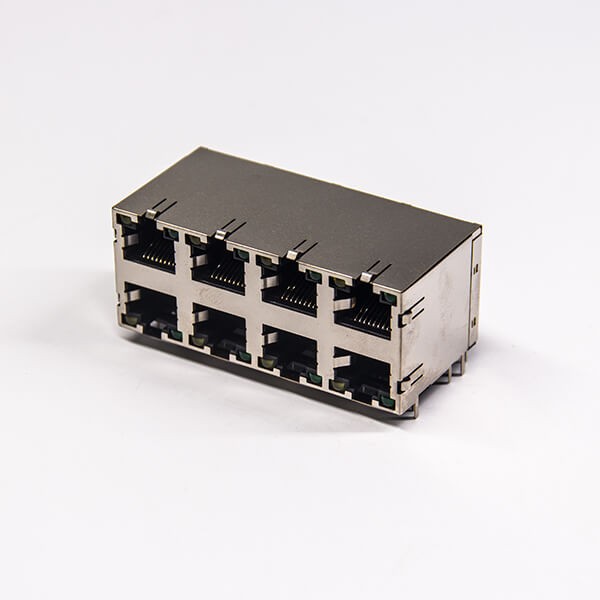 rj45网口接头母座2×4端口弯式带屏蔽外壳带弹带灯