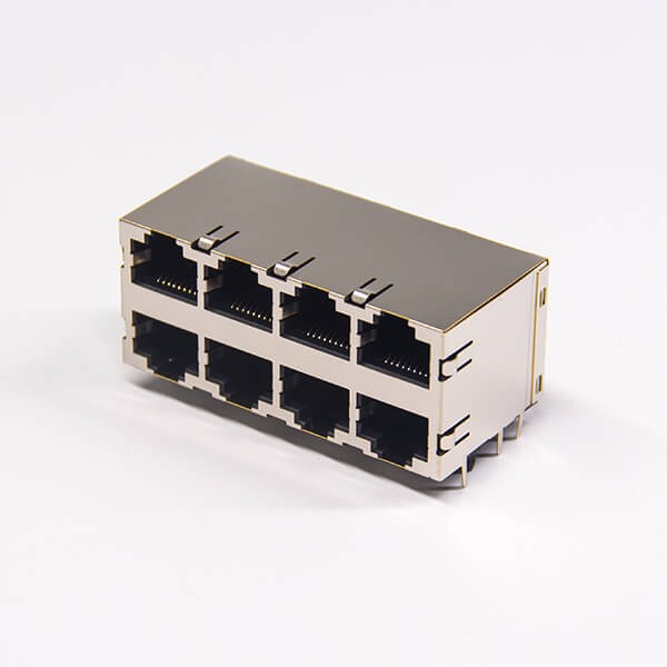 rj452×4网络接口模块化座子弯角双层屏蔽外壳带弹片不带灯直插式