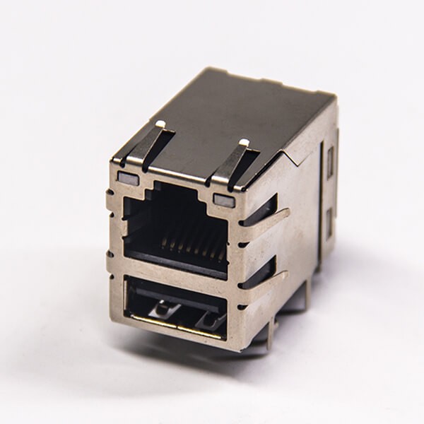 rj45加单层usb插座弯角90度屏蔽外壳带滤波器带灯带弹片直插式