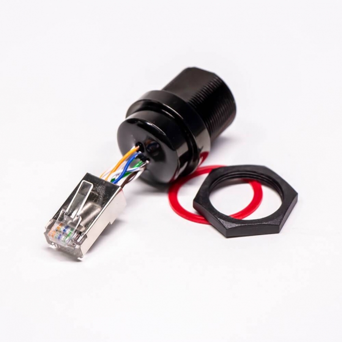 RJ45转接线前锁母转公线材金属防水插座直式